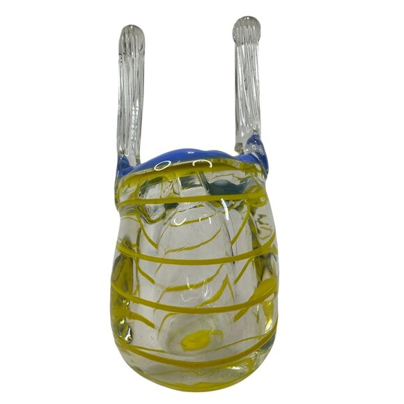 Vintage Handblown Art Glass MINI Basket Purse Blue & Yellow Swirls 2 Inch Decor - Picture 5 of 11
